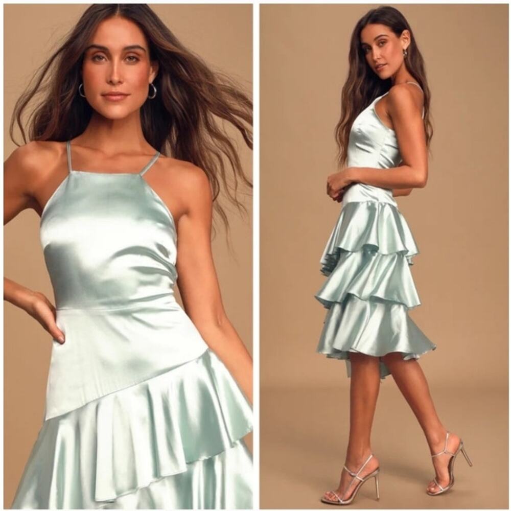 Lulus Call You Up Dress Mint Blue Satin Tiered Asymmetrical Midi Ruffle Size M
